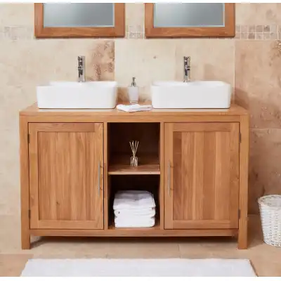 Solid Oak Double Sink Vanity Unit Set 2 Sinks 2 Taps