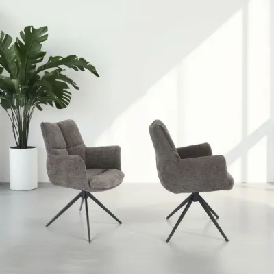 Modern Grey Chenille Swivel Dining Chair with Black Metal Spider Base