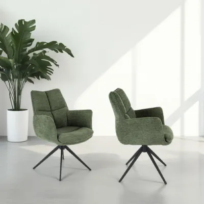 Modern Green Chenille Swivel Dining Chair with Black Metal Spider Base