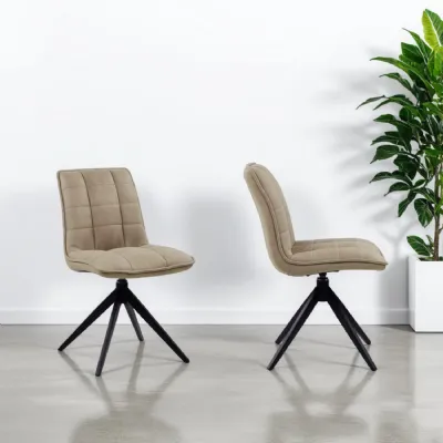 Modern Taupe Fabric Dining Chair with Quilted Seat and Black Iron Legs