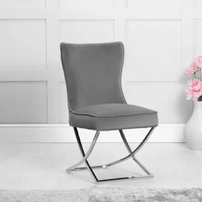 Grey Velvet Buttoned Back Dining Chair with Chrome X Legs
