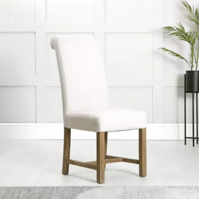 Natural Fabric Scroll Back Dining Chair with Wooden Legs