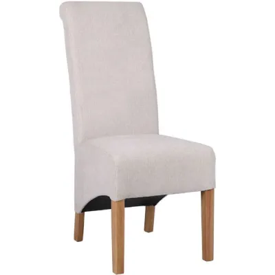 Natural Fabric Scroll Back Dining Chair Oak Legs