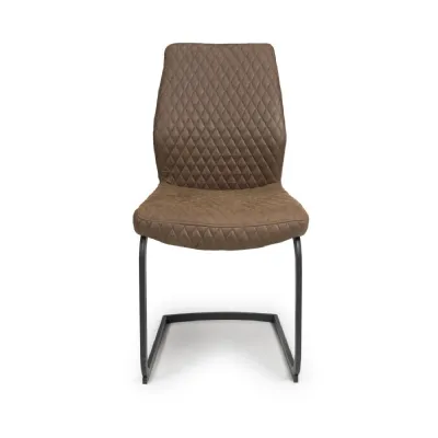 Tan Brown Leather Diamond Stitched Dining Chair Black Metal Legs