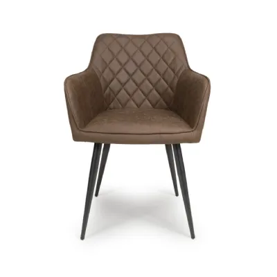 Antique Brown Quilted Faux Leather Carver Tub Dining Chair