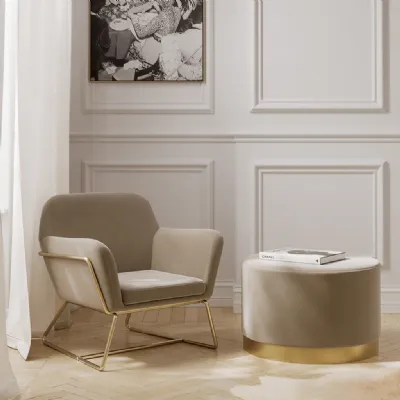Beige Velvet Upholstered Modern Curved Lounge Armchair with Brushed Gold Frame