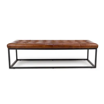 Tan Brown Leather Large Buttoned Dining Bench