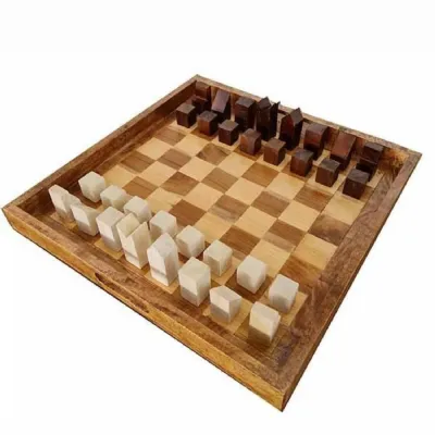 Natural Mango Wood Chess Ottoman Tray with Handcrafted Teak Pieces