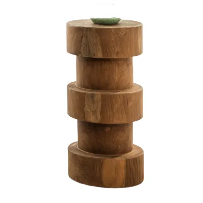 Natural Teak Wood Chess Style Bar Stool with Sculpted Stacked Base