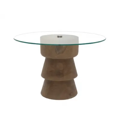 Round Teak Wood Clear Glass Top Coffee Table with Sculpted Base