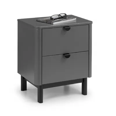 Grey Lacquered 2 Drawer Bedside Cabinet with Black Wooden Legs