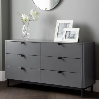 Retro Style Grey Rounded Edge 6 Drawer Chest with Satin Black Legs