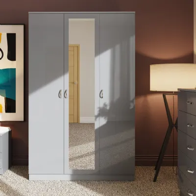Chilton 3 Door Wardrobe With Mirror Grey Gloss Front