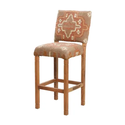 Handcrafted Orange Kilim Upholstered Bar Stool with Natural Wood Legs