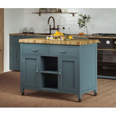 Blue Painted Kitchen Island with Butchers Block Top on Wheels