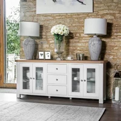White Wood 4 Glazed Door 3 Drawer Wide Sideboard Oak Top