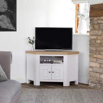 White Wood 2 Door Corner TV Media Unit Oak Top