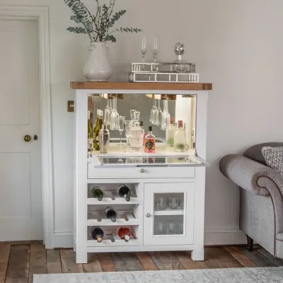 White Wooden 1 Door 1 Drawer Drinks Cabinet Bureau Oak Top