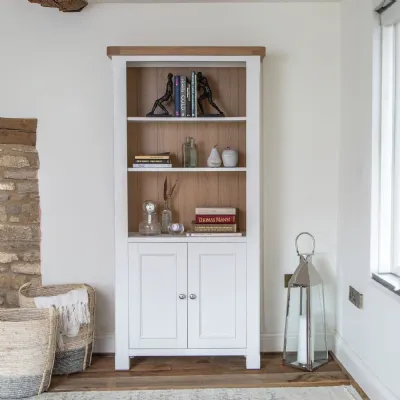 White Wood and Oak Large Open Bookcase with Cupboard