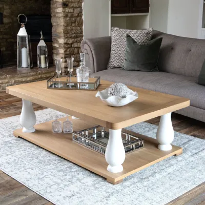 White Painted and Oak Large Coffee Table with Low Shelf