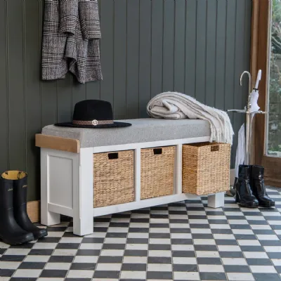 White Wood 3 Basket Drawer Hallway Bench Cushioned Seat Pad