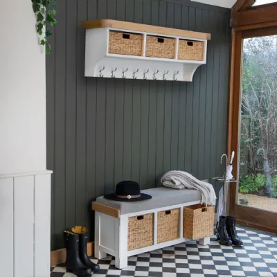 White Wood 3 Drawer Large Hall Bench Top with Oak Top