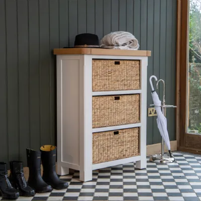 White Wooden 3 Wicker Drawer Shoe Storage Chest Oak Top