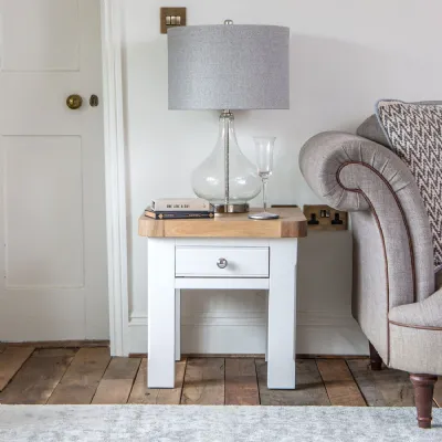 White Wood 1 Drawer Small Lamp Table with Oak Top