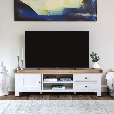 White Wood Large TV Media Unit 1 Door 2 Drawers with Oak Top