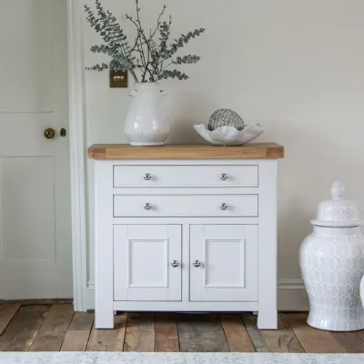 White Wood Small Sideboard 2 Doors 2 Drawers Oak Top