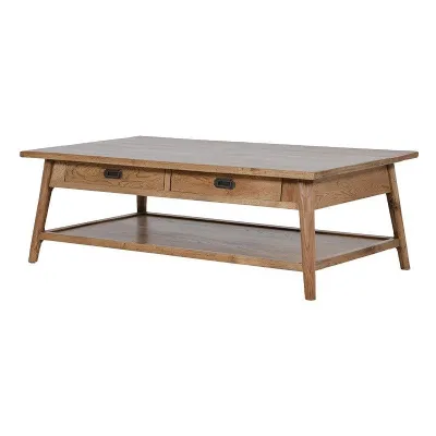 Retro Elm Wooden 2 Drawer Coffee Table With Lower Magazine Shelf