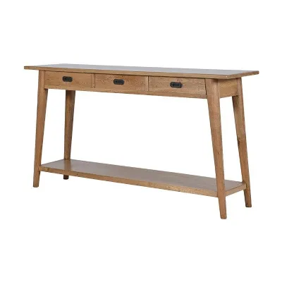 Large Retro Solid Oak 3 Drawer Console Hall Table With Shelf