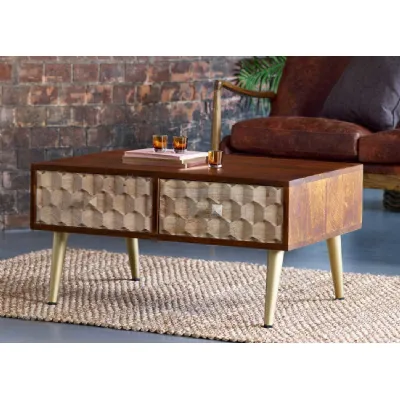 Dark Wood Two Tone 2 Drawer Coffee Table Gold Legs