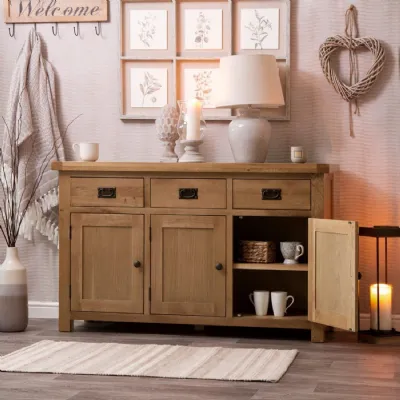 Large Rustic Oak Finish 3 Door 3 Drawer Sideboard