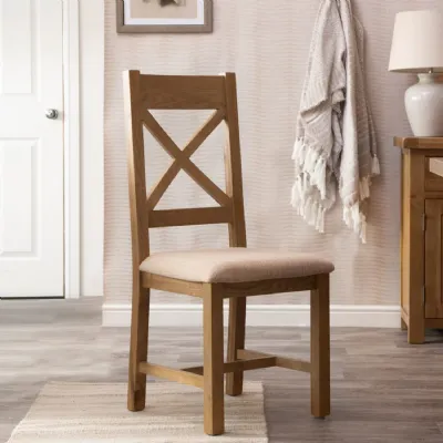 Rustic Oak Cross Back Dining Chair Cream Seat Cushion