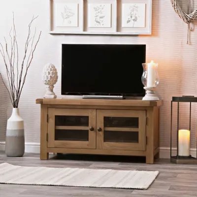 Rustic Oak Small TV Unit with 2 Glass Doors