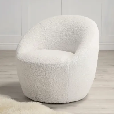 Modern White Shearling Upholstered Accent Chair with Wooden Frame