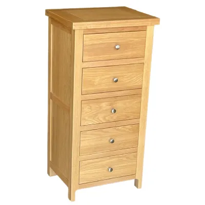 Oak Lacquered Finish Chest of 5 Drawers Tallboy