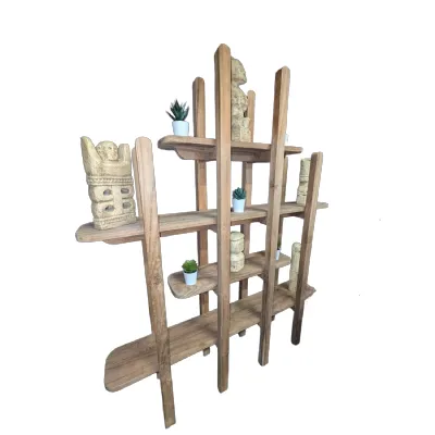 Rustic Teak Wood Small Open Bookcase with Multi Level Display Shelves