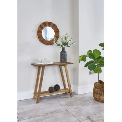 Natural Wood Rectangular Console Table with Lower Shelf