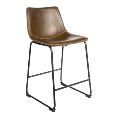 Modern Brown PU Leather Counter Stool with Curved Back and Black Sled Base