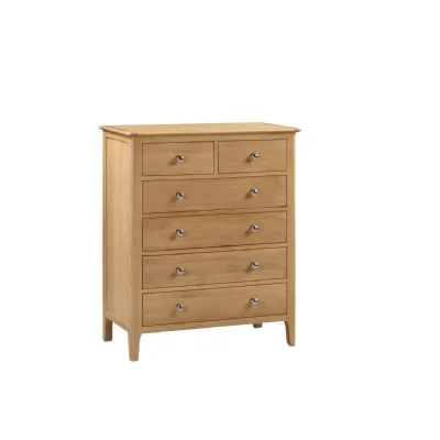 Natural Satin Oak Wood 2 Over 4 Drawer Chest with Round Silver Knobs