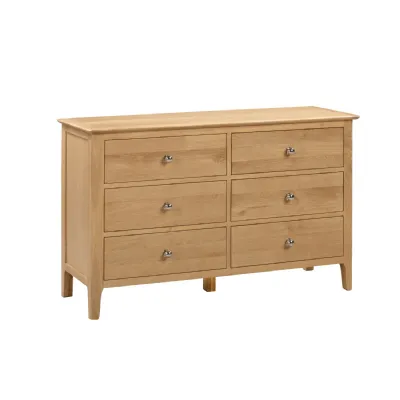 Natural Satin Oak Wood 6 Drawer Wide Chest with Round Silver Knobs