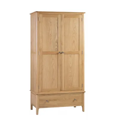 Solid Oak 2 Door 1 Drawer Wardrobe with Silver Knob Handles