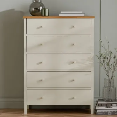 Coxmoor 5 Drawer Wide Chest Ivory and Oak