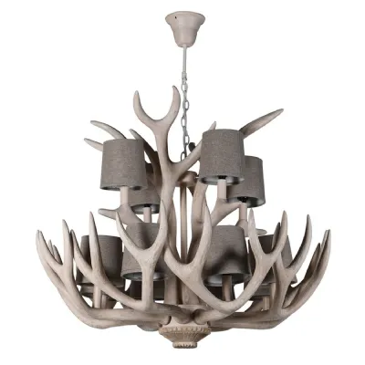 12 Bulb Antler Chandelier with Cotton Shades