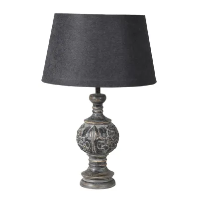 Ornate Carved Black Table Lamp with Black Shade