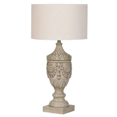 Distressed Wooden Carved Urn Effect Table Lamp With Shade