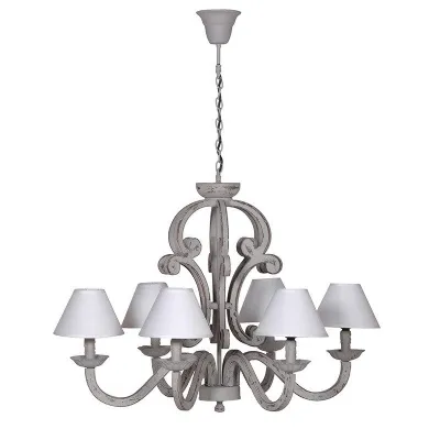 Grey Painted Chic Chandelier With 6 Cream Cotton Fabric Light Shades
