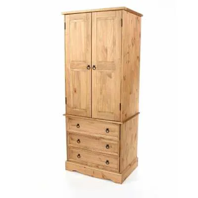 Natural Solid Pine 2 Door 3 Drawer Double Wardrobe Antique Wax Finish 188x76cm